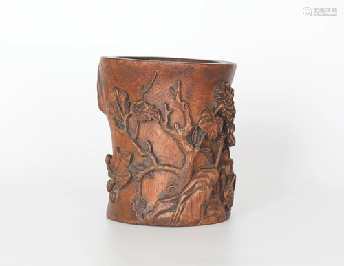 Chinese Carved Wood Brush Pot