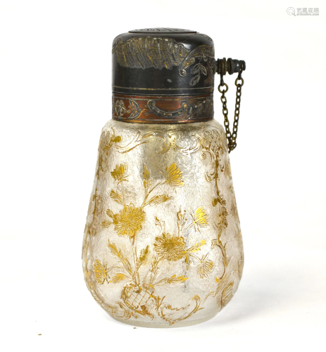 Antique Gilt Glass Perfume Bottle w. Cover