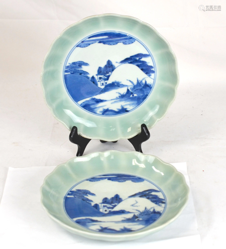 Pr Chinese Blue & White Celadon Plates