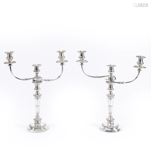 PAIR SHEFFIELD SILVERPLATE 3 LIGHT CANDELABRA