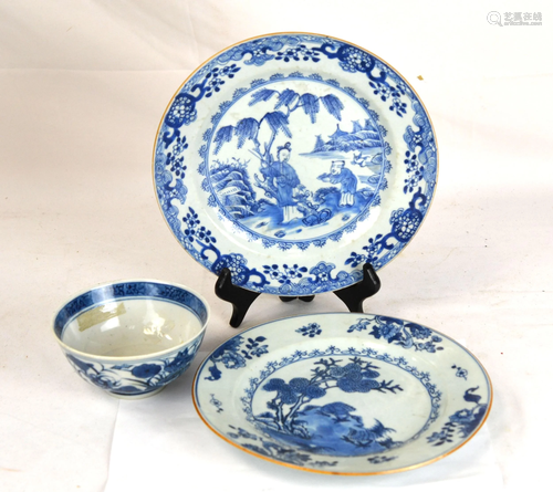 Three Pcs of Chinese Blue & White Plates & Bowl