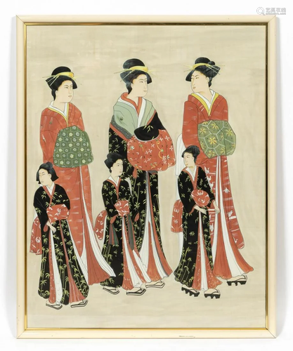 LARGE JAPANESE FIGURAL PAINTING, GEISHAS, FRAMED