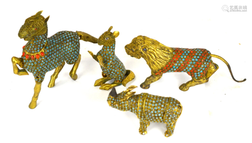 Four Pcs Chinese Gilt Silver Stone Inlaid Animals