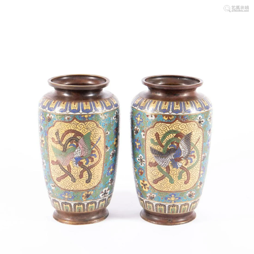 PAIR, JAPANESE CLOISONNE PHOENIX MOTIF VASES