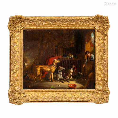 ENGLISH SCHOOL, BOY FEEDING DOGS, GILTWOOD FRAME