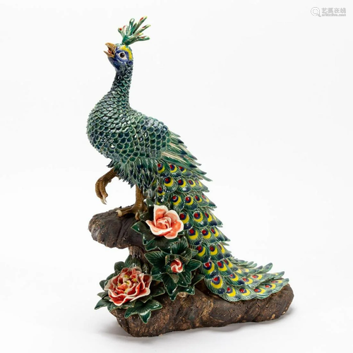 CHINESE GLAZED CERAMIC PEACOCK FIGURE W/ PLUME