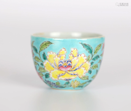 Chinese Famille Rose Turquoise Ground Cup