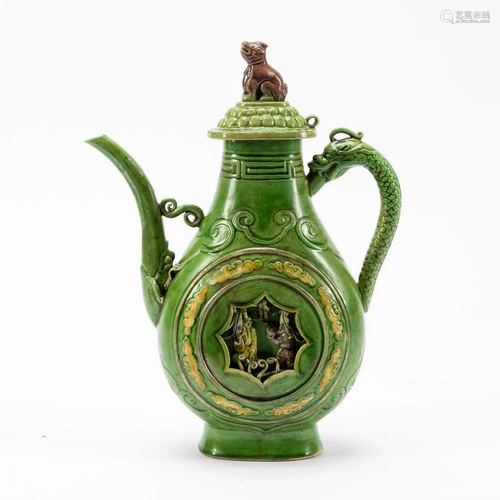 CHINESE GREEN GLAZED WINE EWER WITH DRAGON HANDLE