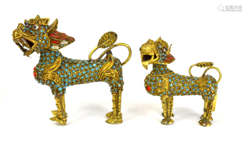 Two Chinese Gilt Silver Stones Inlaid Qilin