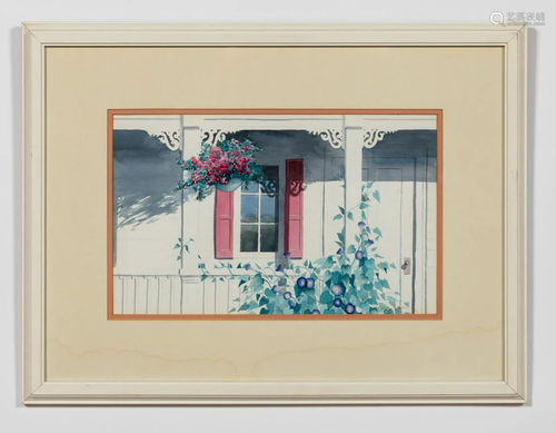 EMILY JAMES, PORCH, FLORAL WATERCOLOR, 1986