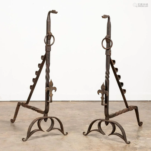 PAIR, WROUGHT IRON SERPENT MOTIF ANDIRONS