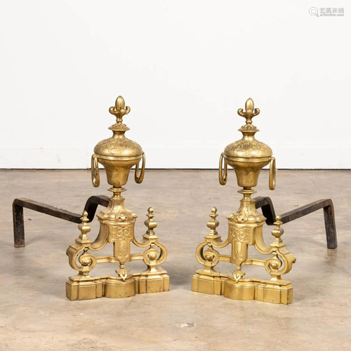 PAIR, 19TH C. BRASS RENAISSANCE STYLE ANDIRONS