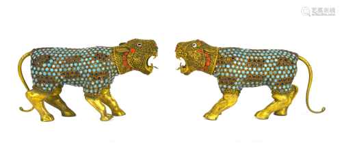 Pr Chinese Gilt Silver Stone Inlaid Tigers