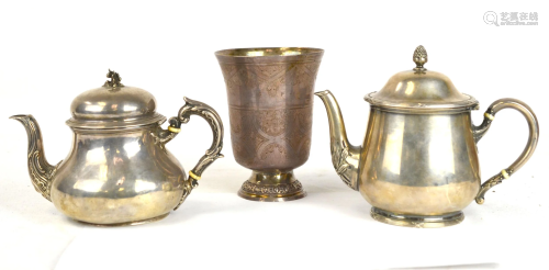 Three French Silver Teapots & Cup