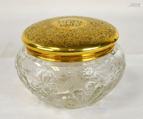 Antique Cut Crystal Glass Bowl w. 14K Gold Cover