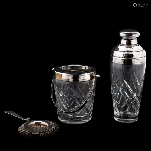 3 PIECES, CRYSTAL & SILVERPLATE BARWARE SET