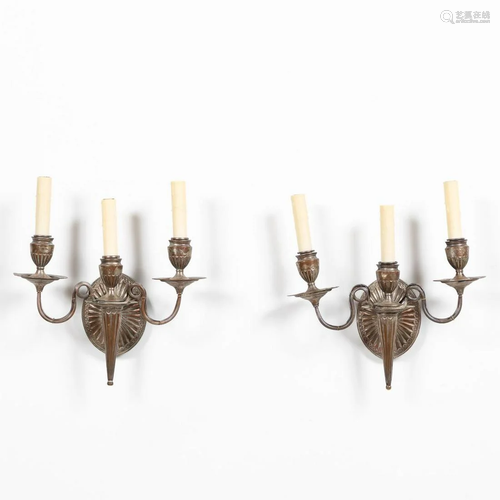 PR., ADAMS STYLE SILVERPLATE THREE-LIGHT SCONCES