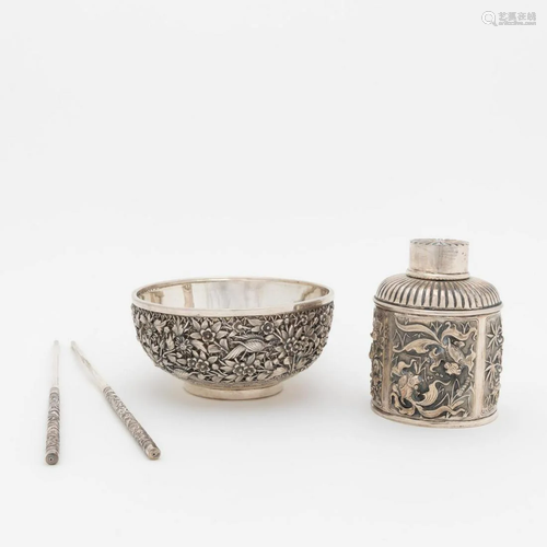 CHINESE .900 SILVER BOWL, CHOPSTICKS, & TEA CADDY