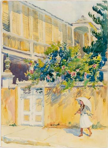 GIRL WITH PARASOL, IMPRESSIONIST WATERCOLOR