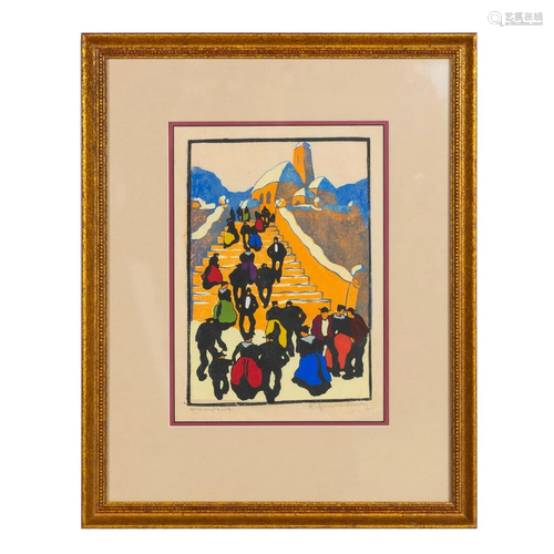 HERBERT GURSCHNER, COLOR WOODCUT, FRAMED