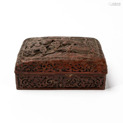 CHINESE CARVED CINNABAR LIDDED LANDSCAPE MOTIF BOX