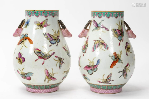 PAIR, CHINESE REPUBLIC FAMILLE ROSE BUTTERFLY VASE