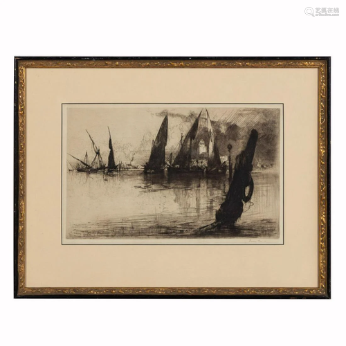 LOUIS ORR, FISHING BOATS NAUTICAL ETCHING FRAMED