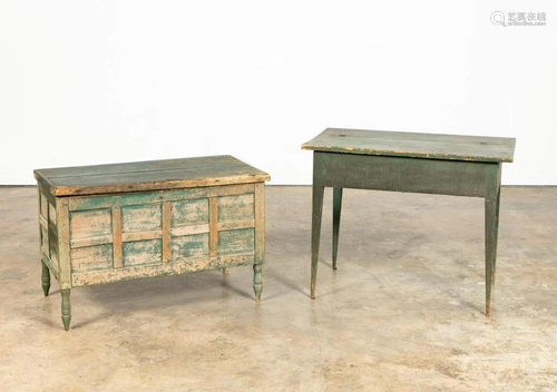 19TH C. PRIMITIVE GREEN PAINTED CHEST AND TABLE