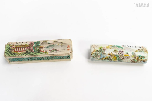 TWO CHINESE PORCELAIN LANDSCAPE BRUSH RESTS