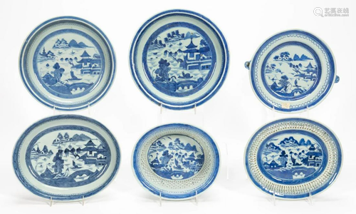 6PC CANTON BLUE AND WHITE PORCELAIN SERVING PIECES