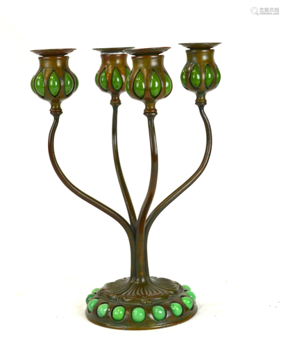 Tiffany Studio Bronze & Blown Glass Candlestick