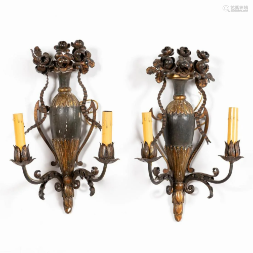 PAIR, COLONIAL REVIVAL TWO-LIGHT URN FORM SCONCES