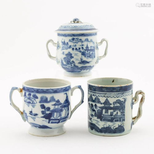 GROUP 3 CANTON BLUE & WHITE PORCELAIN DRINKWARE