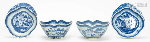 4 PCS BLUE & WHITE CANTON WARE PORCELAIN BOWLS