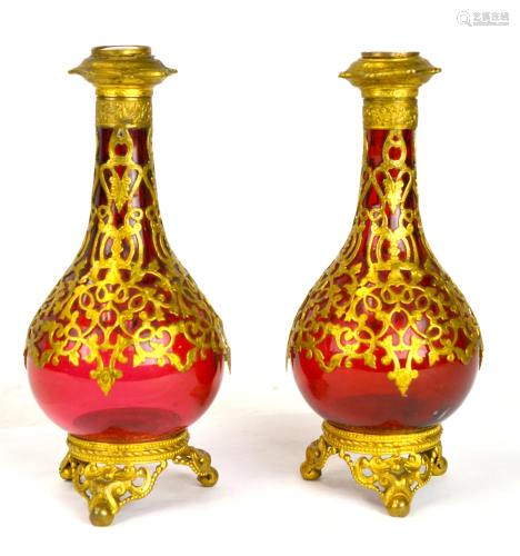 Pr Bohemian Gilt Bronze Mounted Red Glass Vases