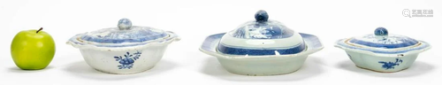 THREE LIDDED CANTON BLUE & WHITE PORCELAIN TUREENS