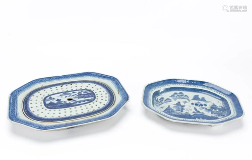 THREE CANTON PORCELAIN SERVING PIECES, 2 PLATTERS