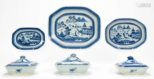 6PC BLUE & WHITE CANTON, PLATTERS & SERVING PIECES