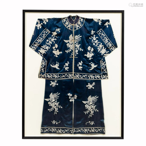 CHINESE, FRAMED BLUE EMBROIDERY SILK ROBE & PANTS