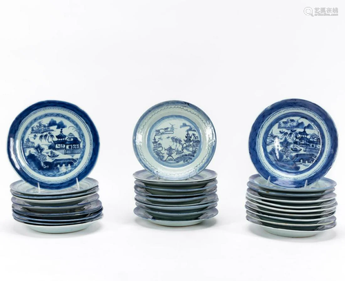 BLUE & WHITE CANTON VARIOUS SIZED PLATES, 30 PCS