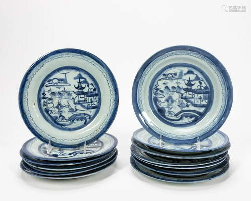 BLUE & WHITE CANTON PORCELAIN PLATES, 13 PCS