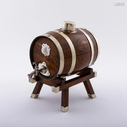 ENGLISH OAK & SILVER WHISKEY KEG ON STAND