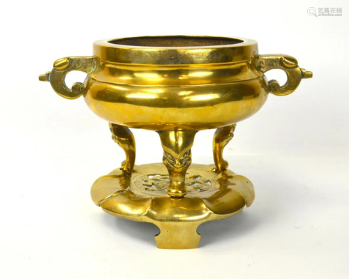 Chinese Bronze Tripod Incense Burner with Base