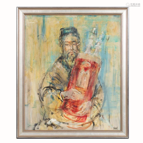 EDNA HIBEL, RABBI W/ TORAH, FIGURAL OIL ON CANVAS