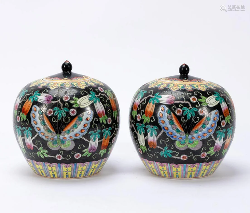 PAIR, CHINESE FAMILLE NOIR PORCELAIN GINGER JARS