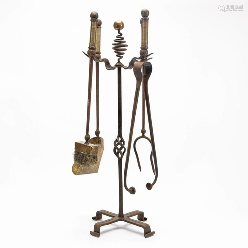 ARTS & CRAFTS STYLE IRON AND BRASS FIREPLACE TOOLS