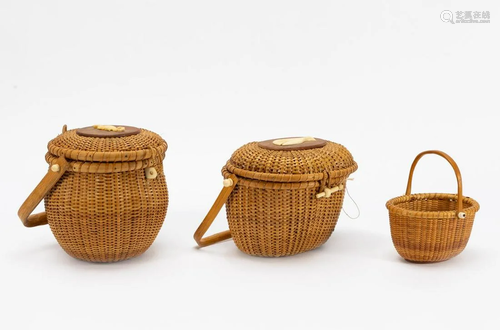 3 PCS, WOVEN NANTUCKET BASKETS, WHALE & SEAHORSE