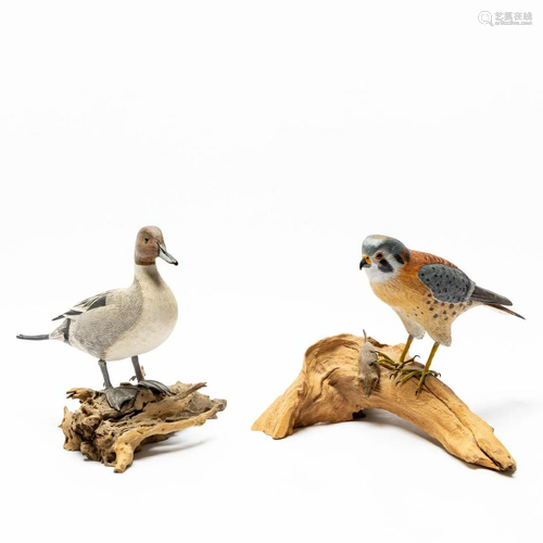 2 PCS, DUCK & FALCON CARVINGS BY JOHN SHARON