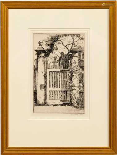 ALFRED HUTTY ETCHING, CHARLESTON GARDEN GATE, 1924