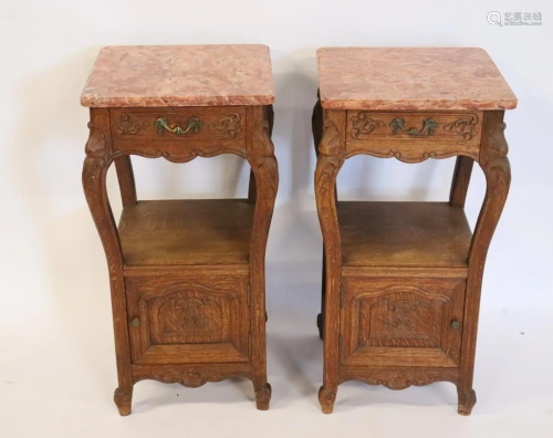 An Antique Pair Of Carved Oak Marbletop Stands